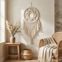 Article Attrape-rêves en macramé crème avec perles en bois – 29 × 72 cm