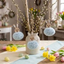 Article Pendant décoratif lapin en bois et pompon bleu clair 10 cm - Lot de 6