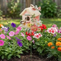 Article Ornement de Jardin en Métal avec Oiseaux et Maison Décorative 76,5 cm