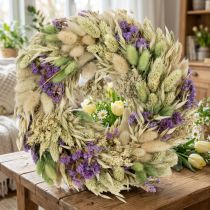 Article Couronne en fleurs séchées pour printemps et été – Décoration naturelle 26 cm
