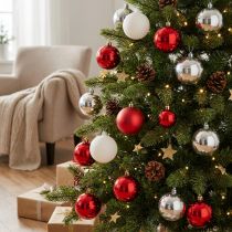 Article Boules de Noël en Plastique 5,5 cm Blanc, Rouge et Argent - Lot de 30
