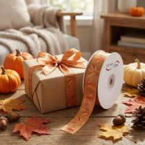 Article Ruban décoratif d'automne en polyester avec motif feuilles 25 mm x 18 m
