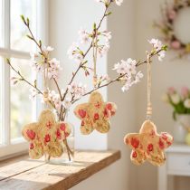 Article Lot de 4 suspensions en bois motif fleurs et papillon rose H9 cm