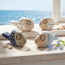 Article Figurines décoratives poissons en bois avec lunettes - Bleu et blanc - Lot de 4 - 11 à 13 cm