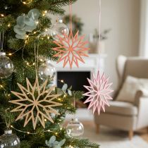 Article Flocons en bois décoration Noël orange, naturel et rose 10 cm – Lot de 12