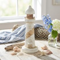 Article Phare décoratif en bois naturel et blanc 28,5 cm