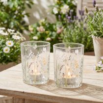 Article Lot de 2 photophores en verre motif prairie et papillons 18 cm