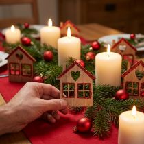 Article Mini Maisons en Bois Décoratives Noël avec Paillettes Rouges – Lot de 72, 4,5×5 cm