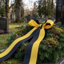 Article Ruban décoratif jaune et noir en taffetas moucheté, 150 mm, rouleau 25 m
