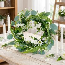 Article Couronne décorative artificielle avec eucalyptus, jasmin, marguerites et fougères, 38 cm