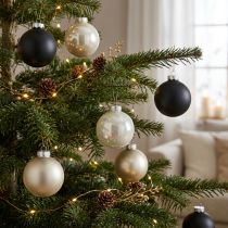 Article Boules de Noël en Verre Noir, Argenté et Perle Ø7,5 cm Lot de 12
