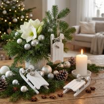 Article Décoration de Noël 4 Petits Traîneaux en Bois Blanc avec Clochettes 13 cm