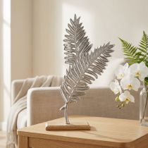 Article Décoration Table Feuille Métallique Argent sur Socle en Bois 54cm