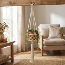 Article Suspension Décorative en Macramé Style Bohème Ø12cm H79cm Crème