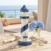 Article Phare décoratif en bois bleu et blanc pour table – H28,5 cm