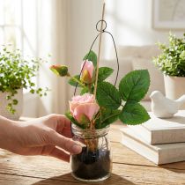 Article Rose artificielle dans un pot en verre avec crochet, rose, H23cm