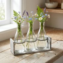 Article Set de 3 bouteilles en verre avec support en bois gris-blanc, 24x8x20 cm