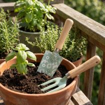 Article Set d’outils de jardinage en métal et bois - Pelle et griffe décorées - Mint et naturel