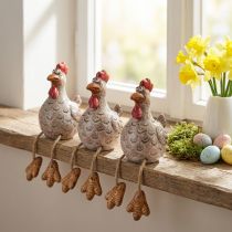 Article Poule en céramique décorative assise avec jambes en corde - Lot de 3 - 9,5 cm