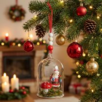 Article Dôme en verre suspendu avec figurine Père Noël et champignon 10 cm