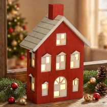 Article Maison lumineuse en bois rouge et blanc pour décoration intérieure - H 19,5 cm