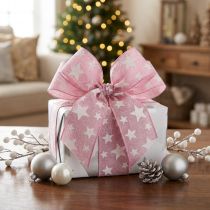 Article Ruban de Noël bord fil étoile blanche rose L25mm L15m