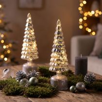 Article Set de 2 sapins de Noël LED rotatifs, vert et argent, H34 cm