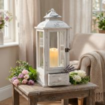 Article Lanterne décorative vintage avec tiroir blanc 20×20cm H51cm