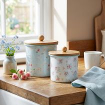 Article Set de 2 Boîtes en Émail avec Couvercles en Bois, Motif Floral, H10/12 cm