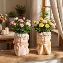 Article Cache-pots en céramique "Fille Songeuse" avec couronnes de fleurs H19,5 cm - Lot de 2