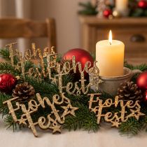 Article Décorations en Bois Dorées "Joyeuses Fêtes" avec Paillettes – Lot de 12
