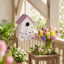 Article Maison décorative en bois motif floral avec toit violet, 21 cm