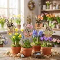 Article Décorations de Pâques en bois – Piques lapins avec lunettes et nœuds, lot de 12