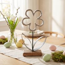 Article Fleur décorative en métal noir et argent avec socle en bois – Hauteur 36 cm