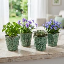 Article Pots décoratifs en céramique vert craquelé motif floral Ø7cm H8cm - Lot de 4
