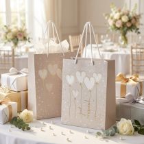 Article Petit sac cadeau beige « Just Married » avec anses – 18×10×23 cm (lot de 2)
