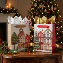 Article Lot de 2 sacs cadeaux de Noël 12 x 6 x 16 cm, maisons et sapin, anses en ruban colorées