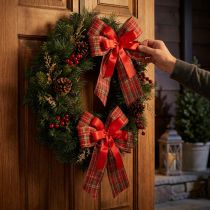 Article Nœuds décoratifs de Noël en polyester, à carreaux rouges et verts, 20 × 29 cm, ruban de 6 cm, lot de 2