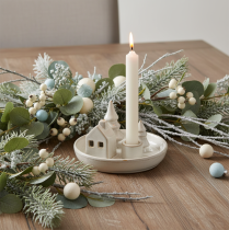 Article Porte-bougie décoratif en céramique avec maison et arbres, 16 cm