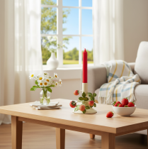 Article Bougeoir en métal décoré de fraises, couleur crème d'été, H13cm