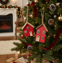 Article Set de maisons décoratives à suspendre en bois rouge 7 cm, 6 pièces
