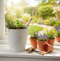 Article Seau décoratif blanchi à la chaux, avec anse, Ø 20,5 cm, pot de fleurs décoratif en métal