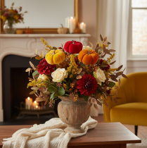 Article Décoration citrouilles en velours sur fil métallisé, 8 cm, set de 9, couleurs rouge, orange et jaune, intérieur