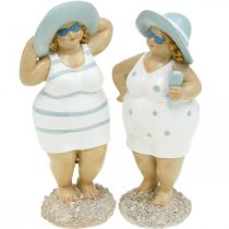 Figurine décorative dames sur la plage, décoration estivale, figurines de bain avec chapeau bleu/blanc H15/15,5cm lot de 2