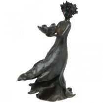 Bain d&#39;oiseau enfant fleuri, figurine de jardin aspect métal, fille en robe fleurie anthracite, marron aspect antique H56,5cm