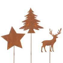 Article Piquet de jardin, acier patiné, cerf, étoile, sapin, H 10/15 cm, lot de 3