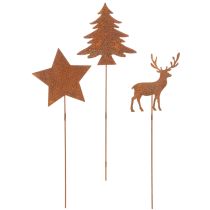 Article Piquet de jardin, acier patiné, cerf, étoile, sapin, H 10/15 cm, lot de 3