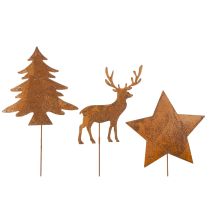 Article Piquet de jardin, acier patiné, cerf, étoile, sapin, H14/20, 3 pièces