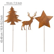 Article Piquet de jardin, acier patiné, cerf, étoile, sapin, H14/20, 3 pièces