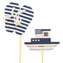 Article Piquet de Jardin Bois Maritime Tongs Bateau Bleu Blanc 8cm 12 pcs